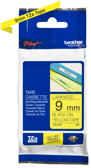 orig. Brother TZe621/TZe-621 Schriftbandkassette, 9mm schwarz/gelb