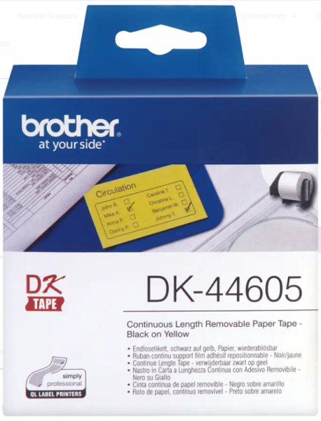 Brother Endlosetiketten DK-44605 / DK44605 62mm x 30,48m, Schwarz auf Gelb