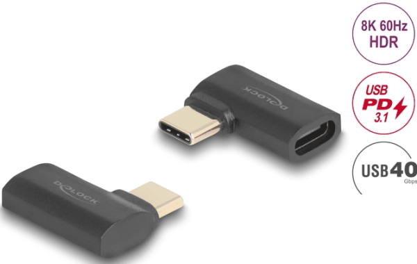 Delock USB Adapter 40 Gbps USB Type-C™ PD 3.1 240 W Stecker zu Buchse gewinkelt links / rechts 8K 60