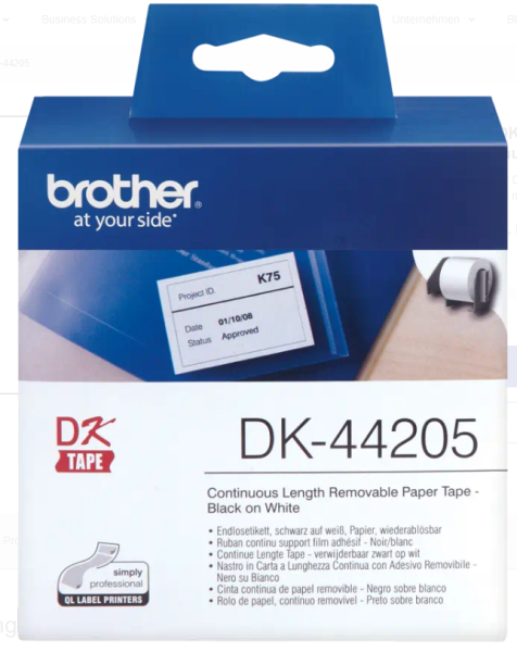 Brother Endlosetiketten DK-44205 / DK44205, 62mm x 30,48m, Schwarz auf Weiss, wiederablösbar