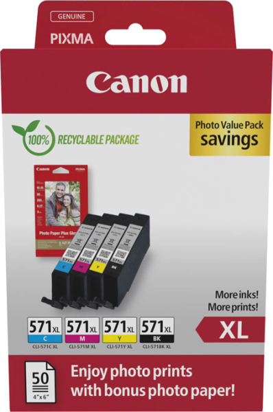 orig. Tintenpatrone Canon CLI-571XL Photo Value XL Multipack C/M/Y/B inkl. 50 Blatt Fotopapier