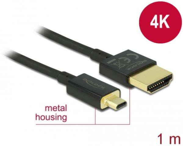 Delock Kabel High Speed HDMI mit Ethernet - HDMI-A Stecker > HDMI Micro-D Stecker 3D 4K 1 m Slim Hig