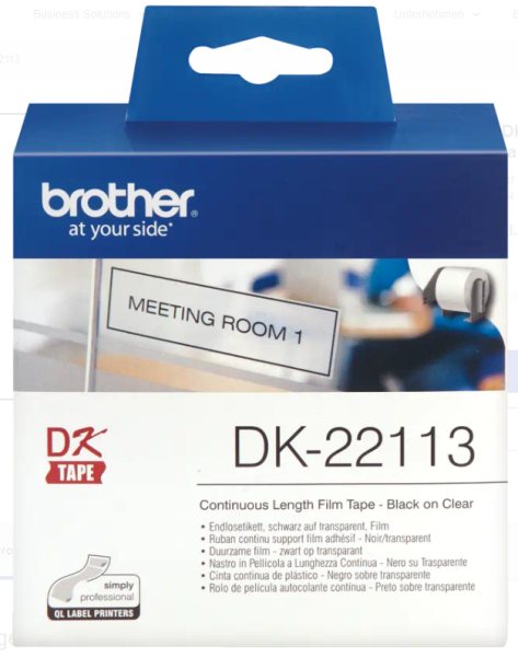 Brother Endlosetiketten DK-22113 / DK22113 62mm x 15,24m, Schwarz auf Transparent, permanent haftend
