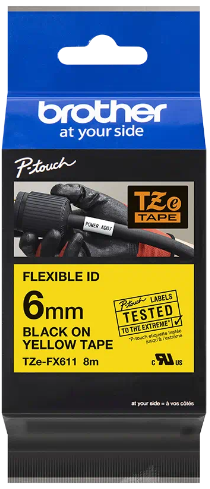 orig. Brother TZeFX611/TZe-FX611 Schriftbandkassette, 6 mm schwarz/gelb Flexi-Tape
