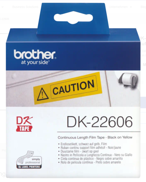 Brother Endlosetiketten DK-22606 / DK22606 62mm x 15,24 m Schwarz auf Gelb, permanent haftend