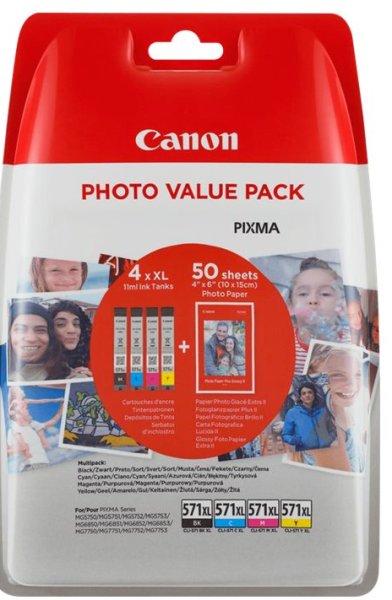orig. Tintenpatrone Canon Photo Value XL CLI-571XL, inkl. 50 Blatt 10x15-Fotopapier