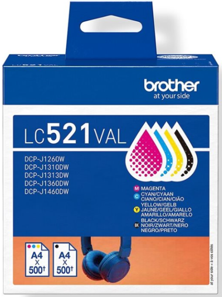 orig. Brother Tintenpatrone LC-521VAL Value Pack ca. 500 Seiten schwarz und 500Seiten je Farbe